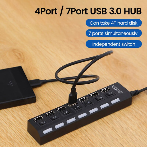 7 Ports OLAF USB 2.0 Hub Multi USB Splitter Ports Hub Use Power Adapter4/ 7 Port Multiple Expander Hub with Switch 30CM Cable For Home